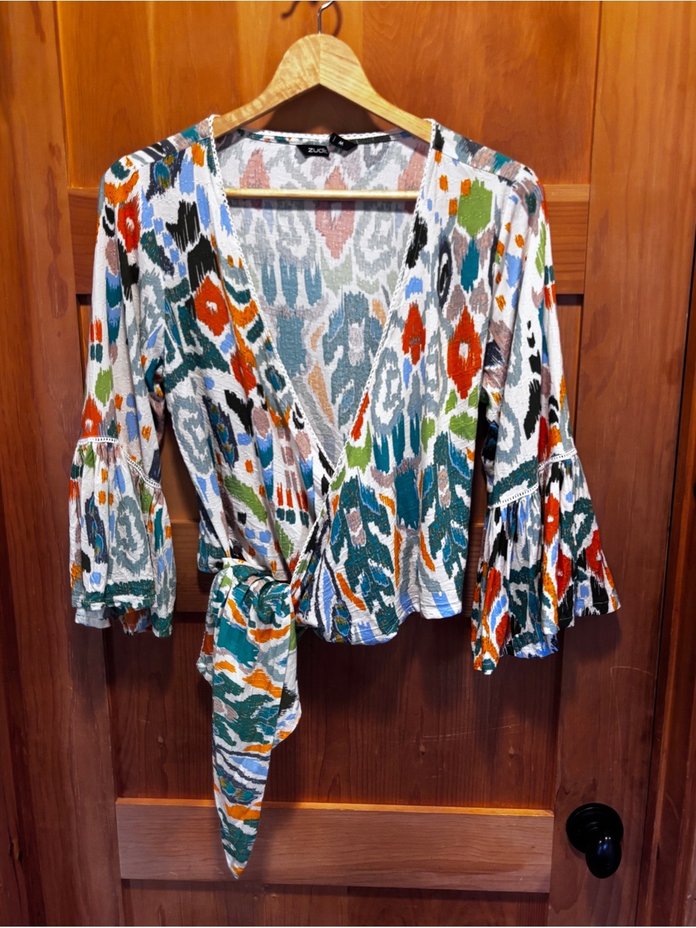 🌺🌺🌺3/25 Zudio Ikat Geometric Wrap Blouse Boho Bell Sleeve Festival Top Med